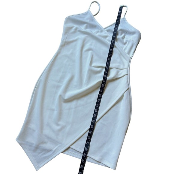White Bodycon Dress Mini Surplice Spaghetti Strap Size L Large Asymmetrical Hem - Picture 7 of 12